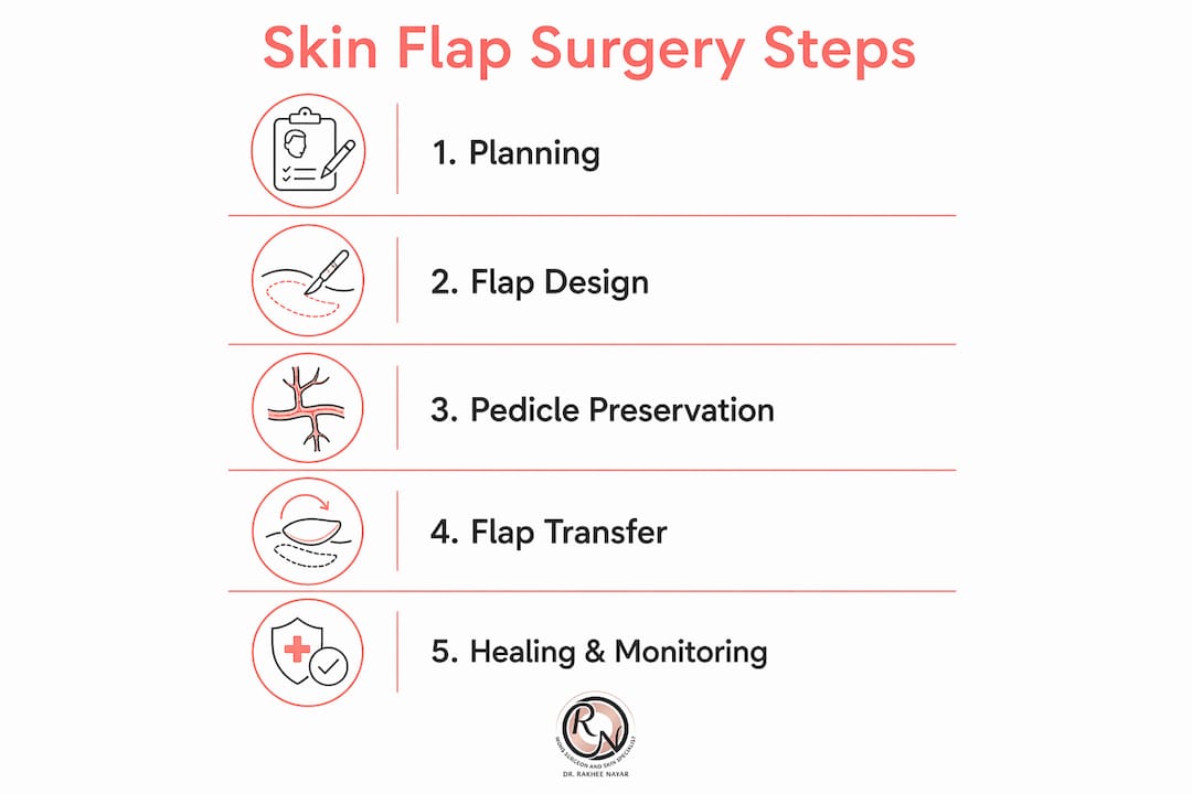 Infographic illustrating skin flap surgery process steps