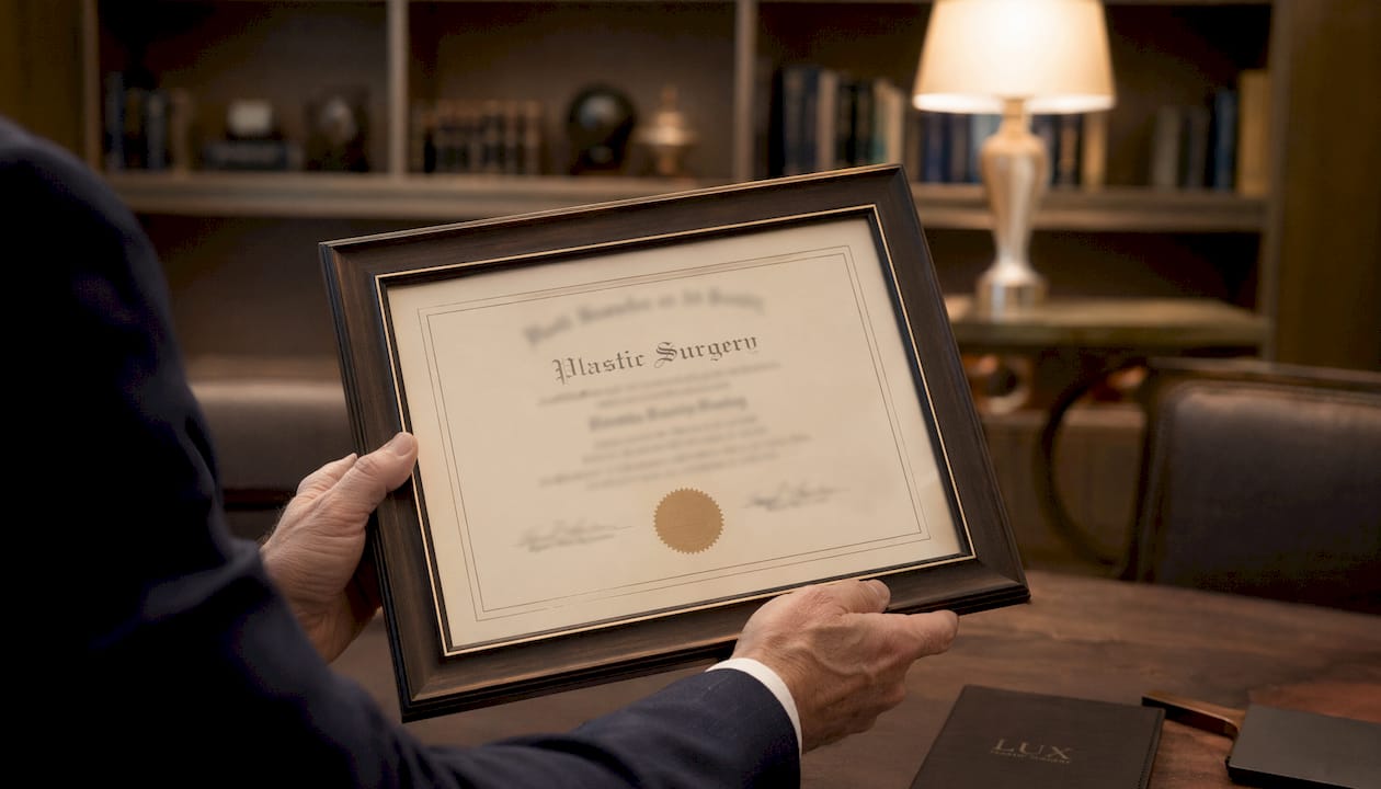 Hands holding plastic surgery diploma certificate