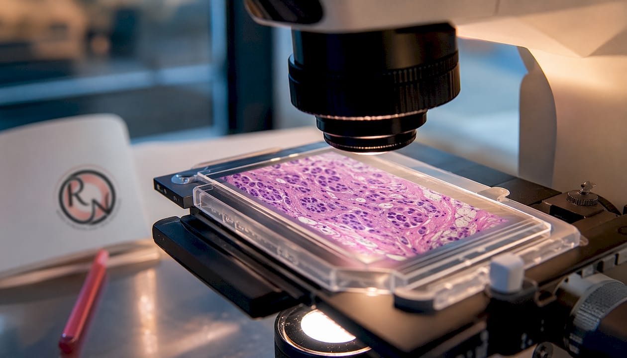 Microscopic view of skin cancer cells on slide