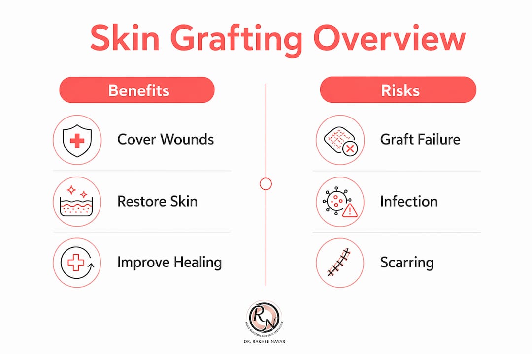 Infographic comparing skin grafting benefits and risks