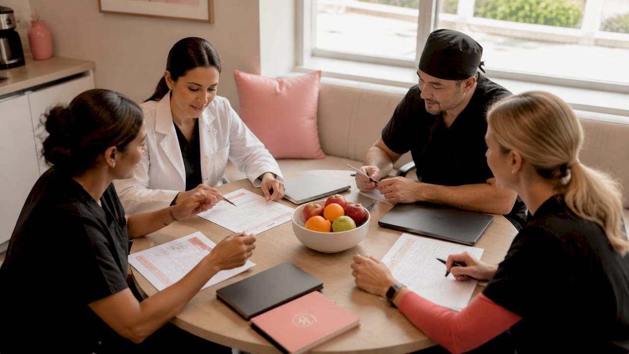 Oncology team discussing patient care in meeting