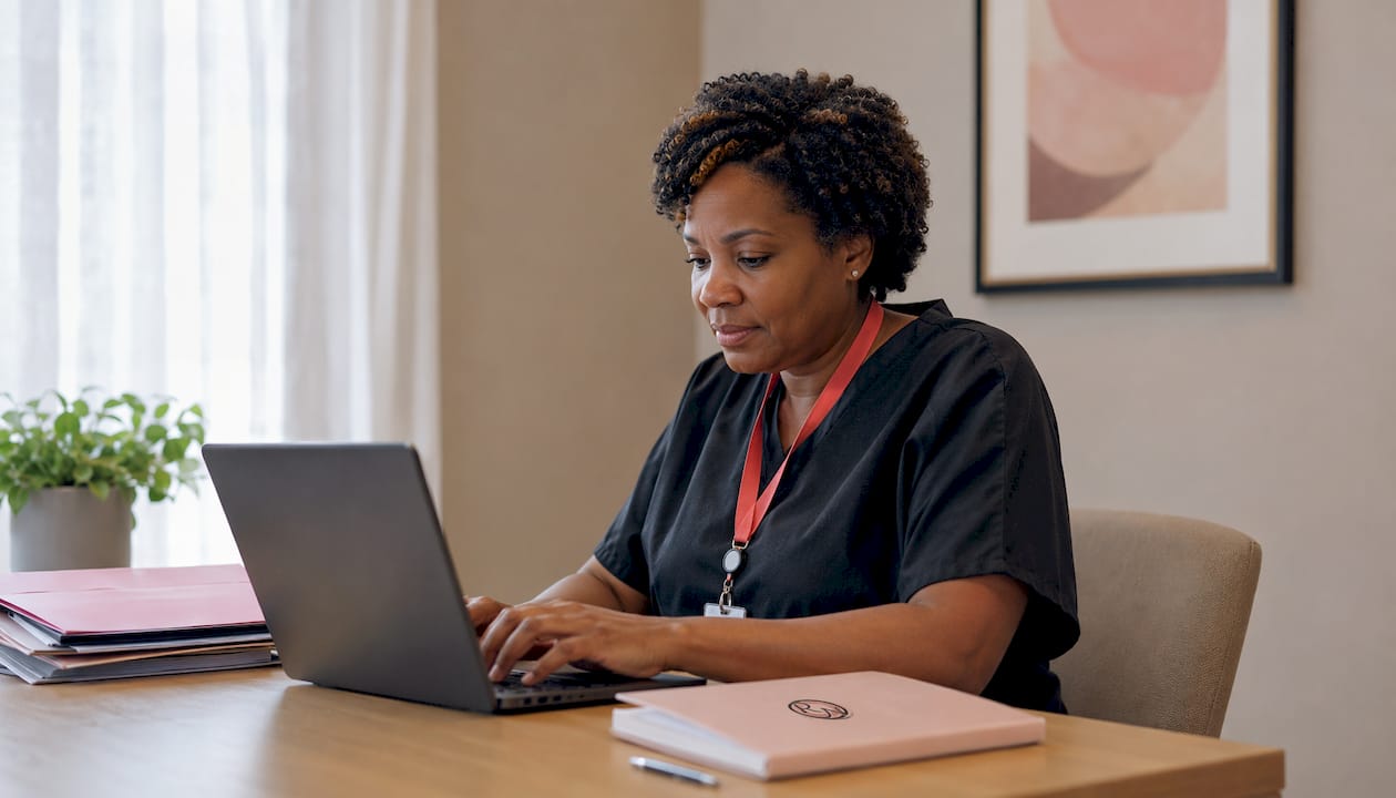 Cancer MDT coordinator working at hospital desk