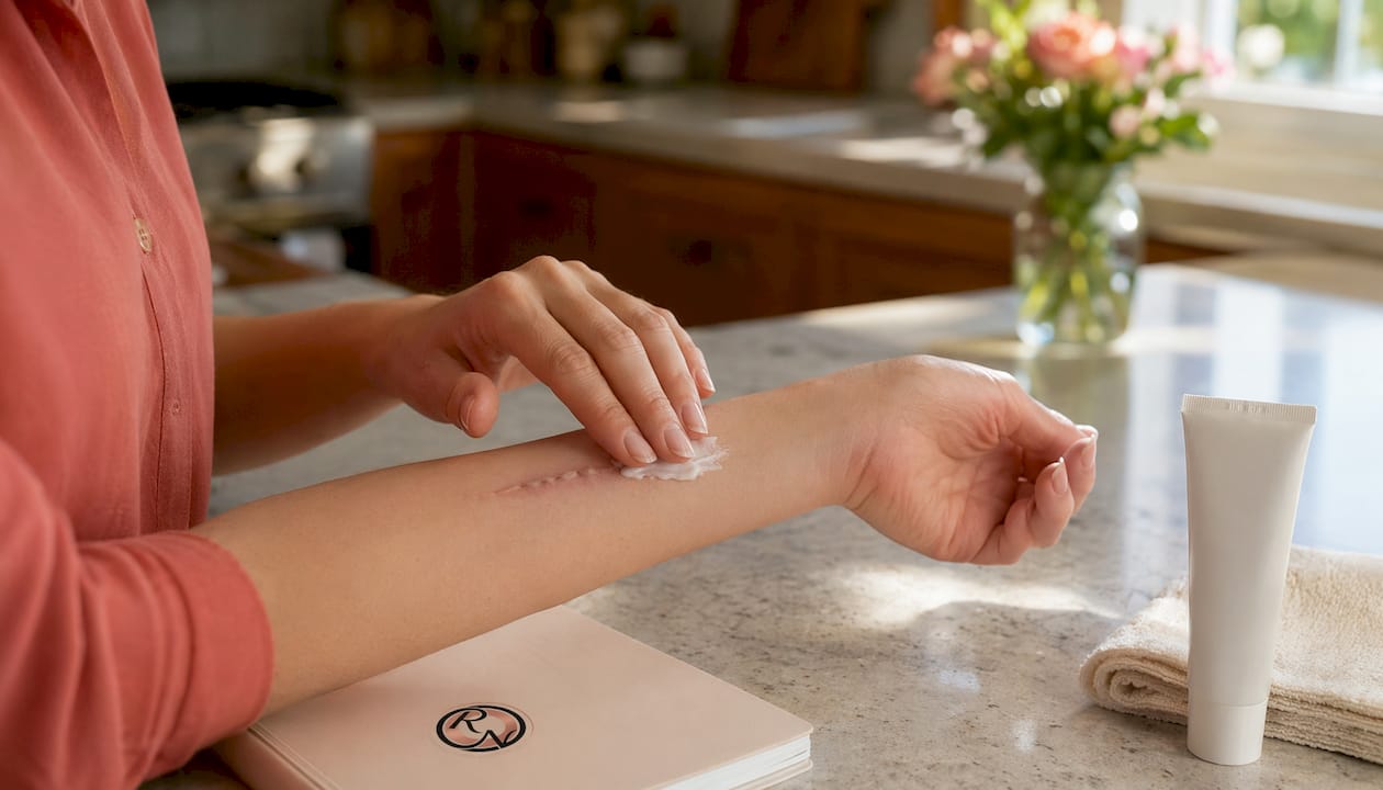 Hands moisturizing surgical scar on forearm