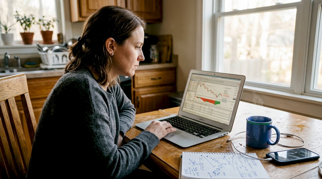 Trader analyzing forex metrics in kitchen