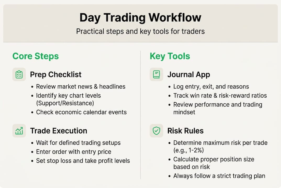 Infographic of day trading steps and tools