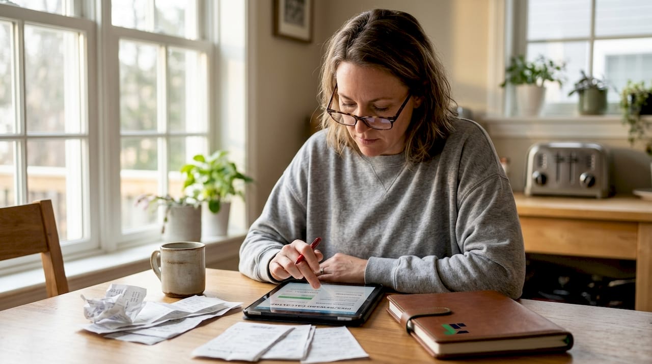 Woman calculating crypto risk at kitchen table