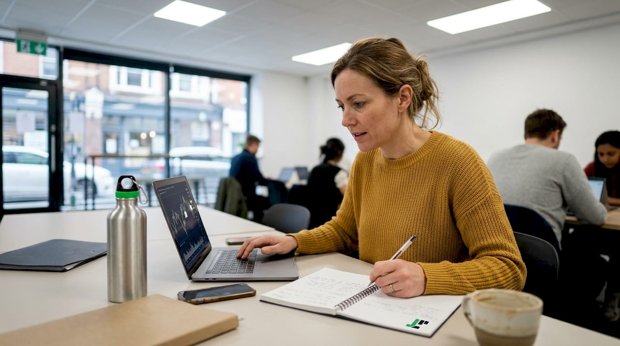 Woman cross-referencing AI trading signals