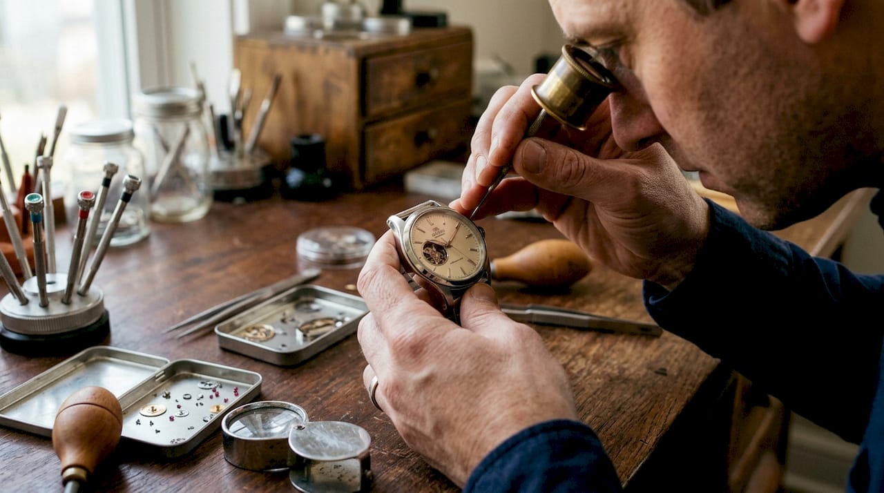 Watchmaker inspects open-heart watch up close