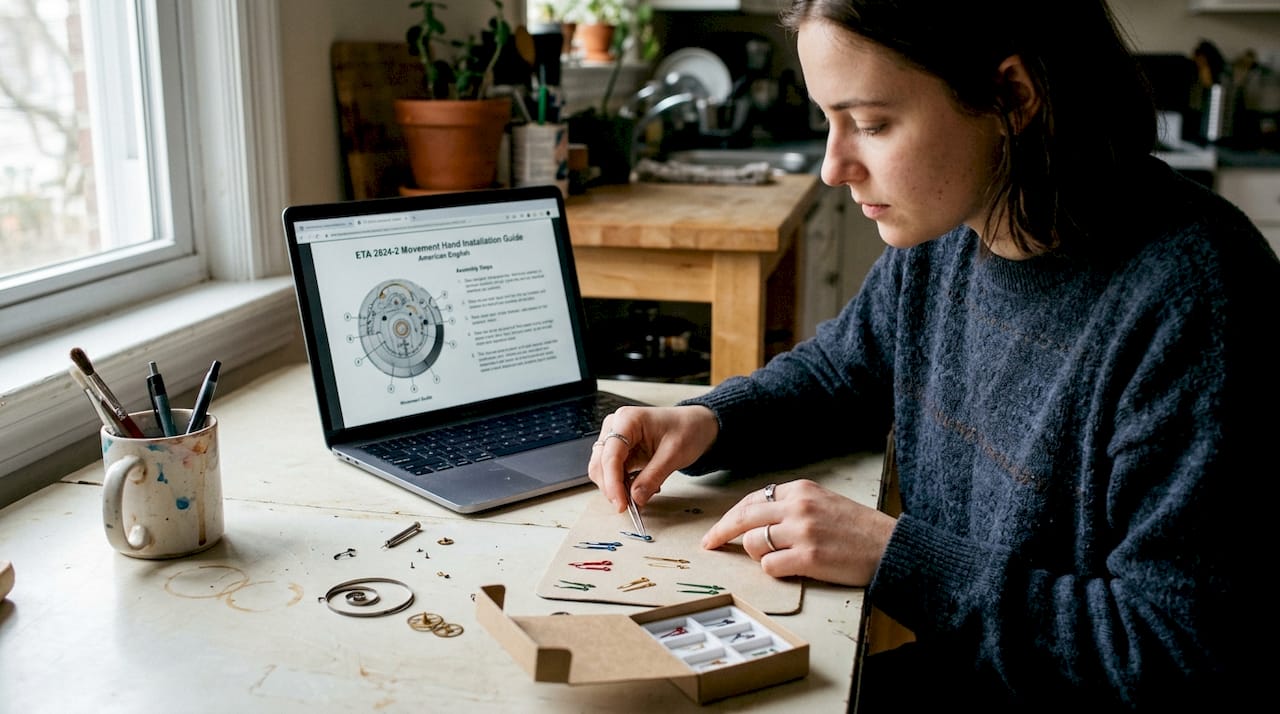 Person matching watch hands to movement guide