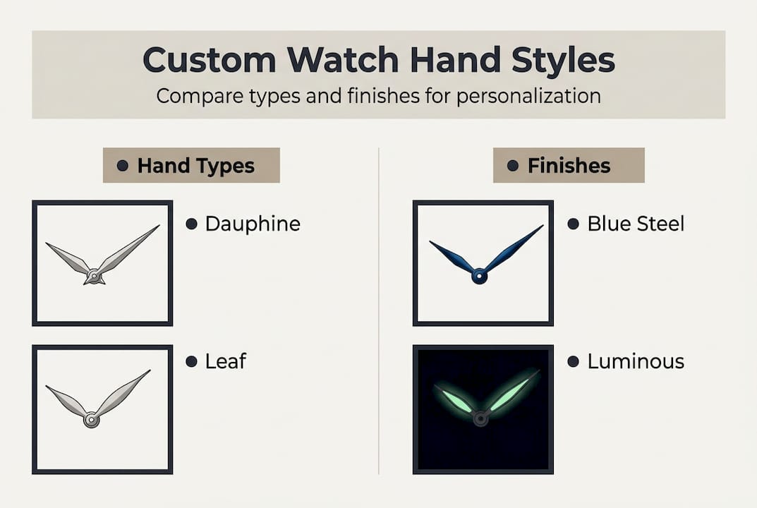 Infographic comparing watch hand types and finishes
