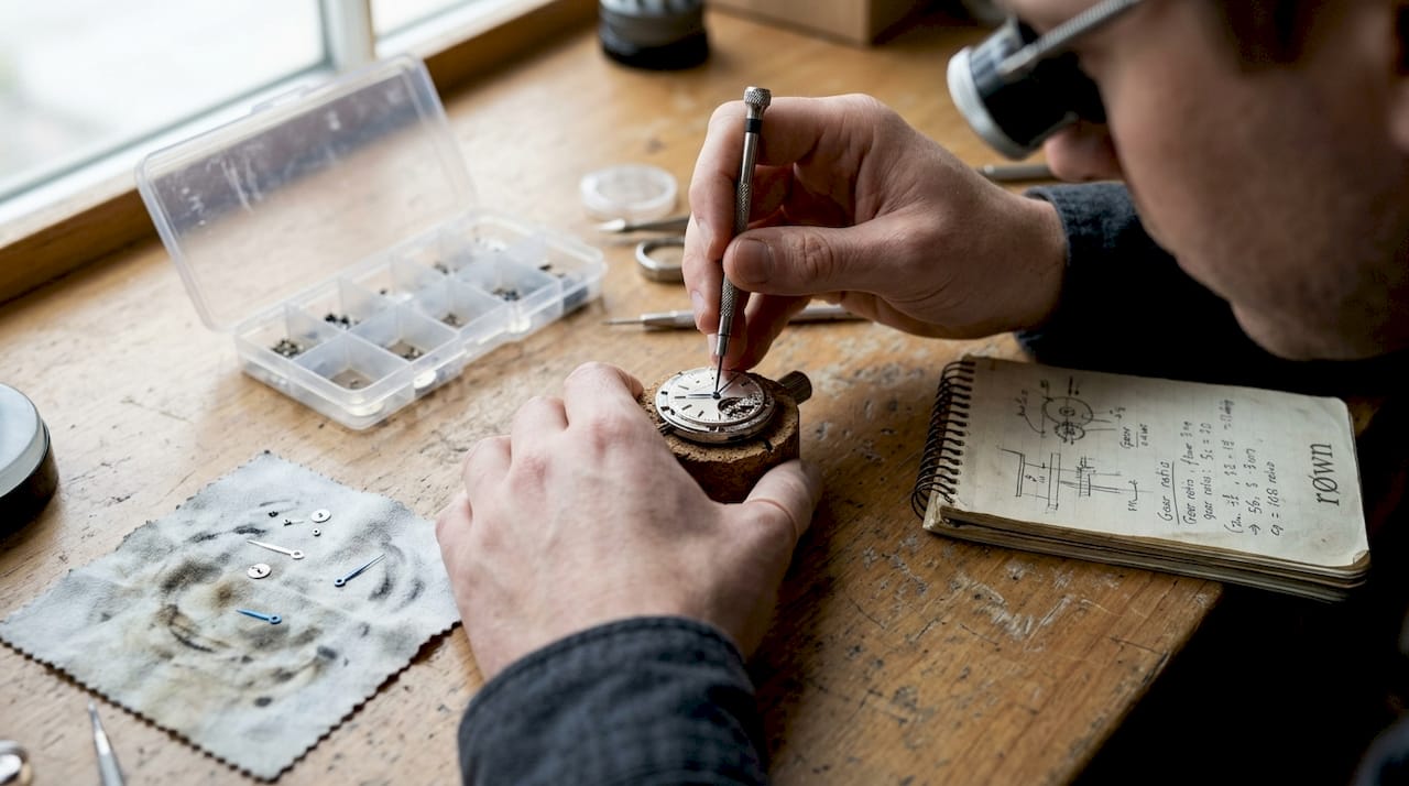 Hands adjusting watch hands with loupe and tools