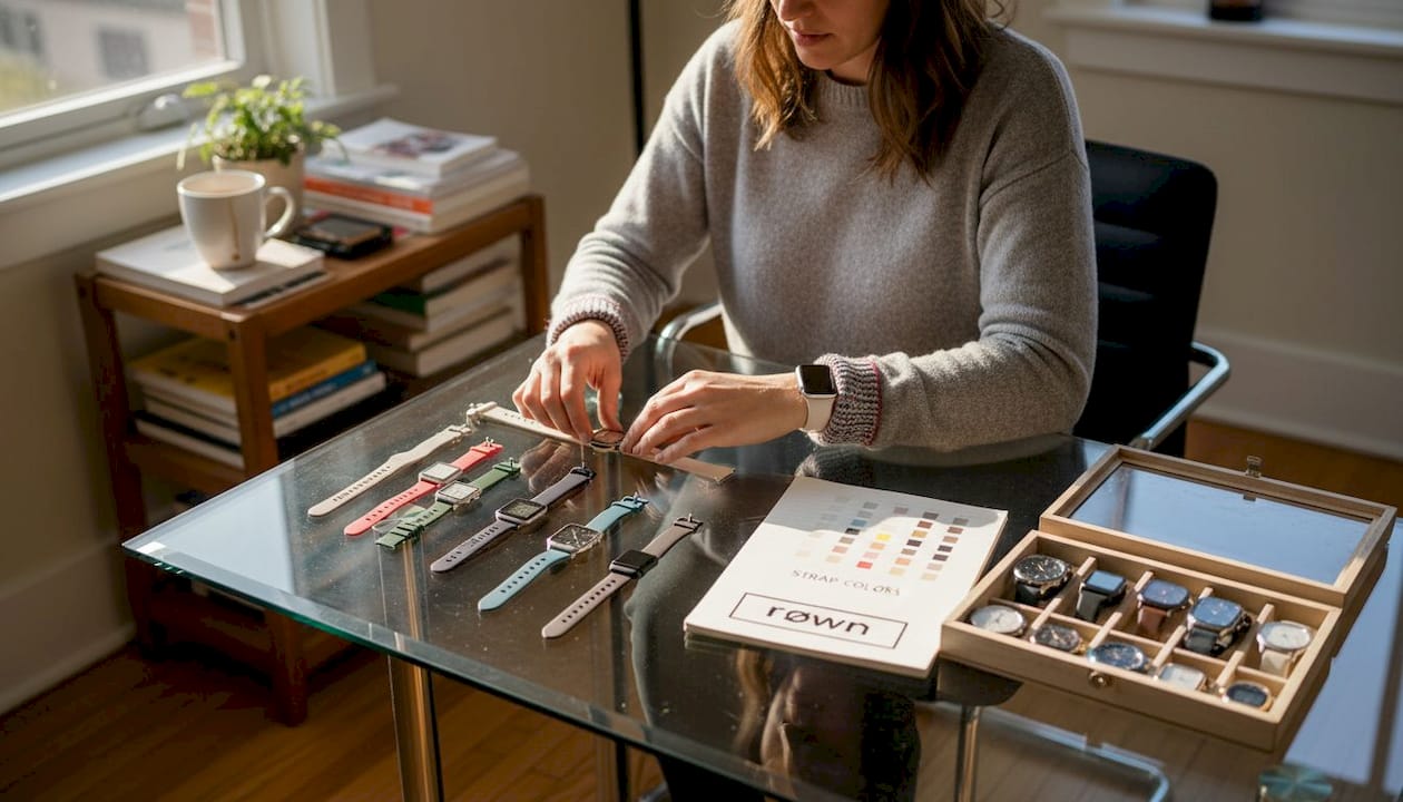 Woman choosing custom watch straps at desk