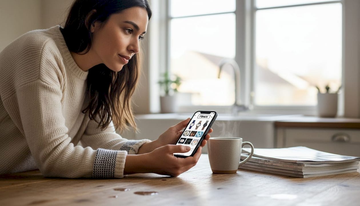 Woman browsing watch styles in kitchen