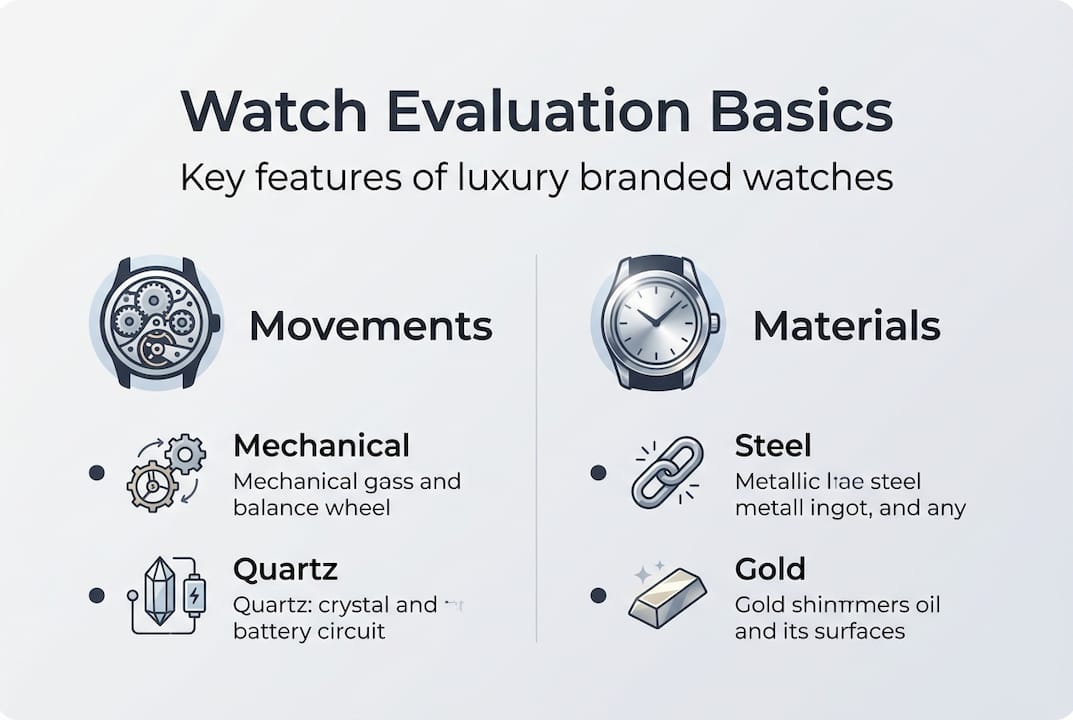 Infographic watch movements and materials categories