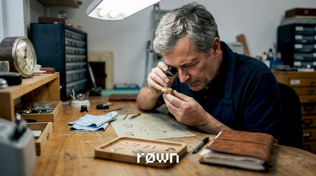 Watchmaker inspecting luxury timepiece at workbench
