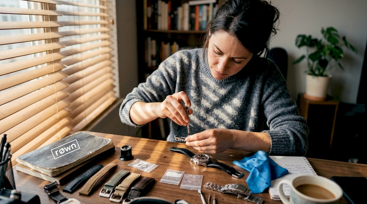 Woman customizing automatic watch at home