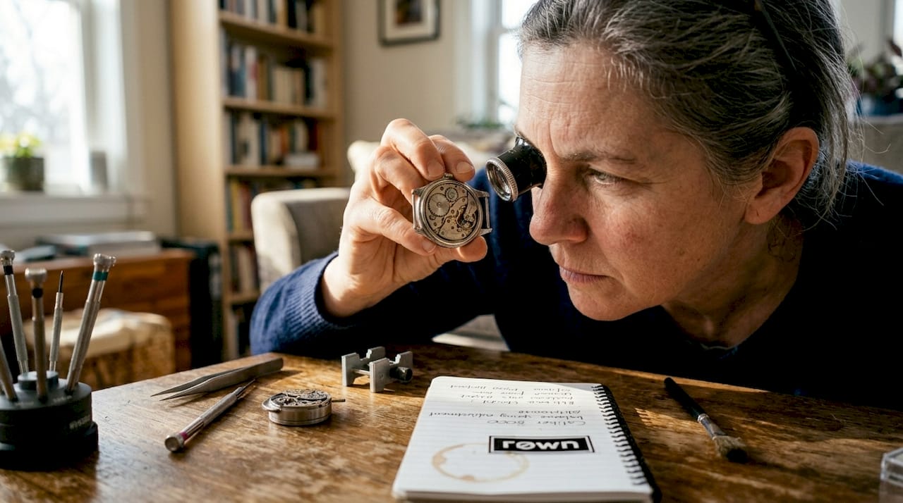 Woman inspecting manual watch movement using loupe