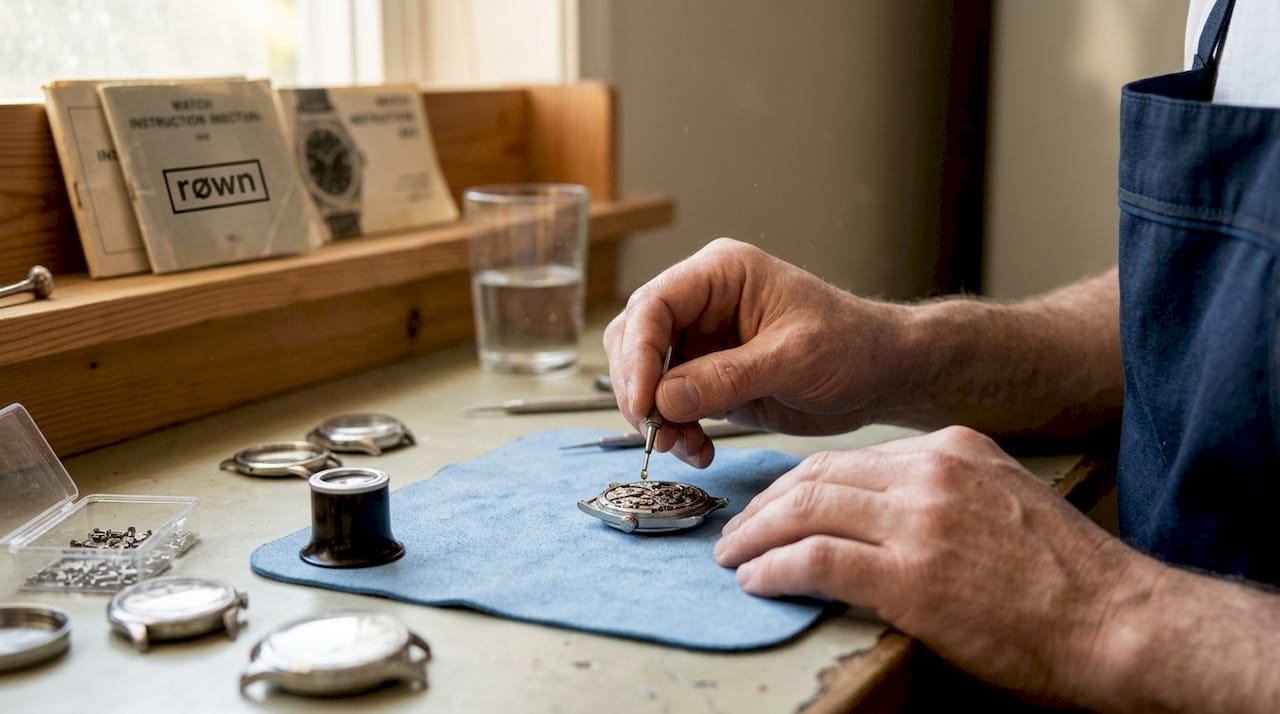 Hands servicing mechanical watch movement at home