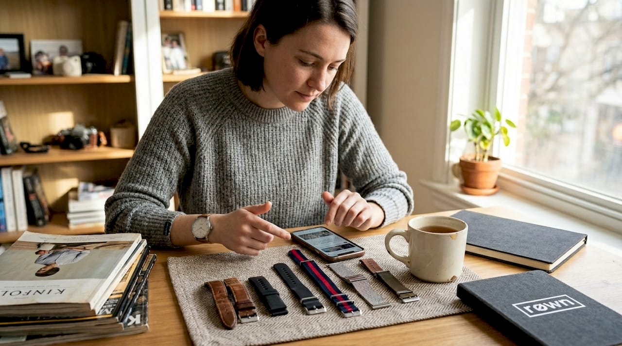 Woman choosing watch straps at desk