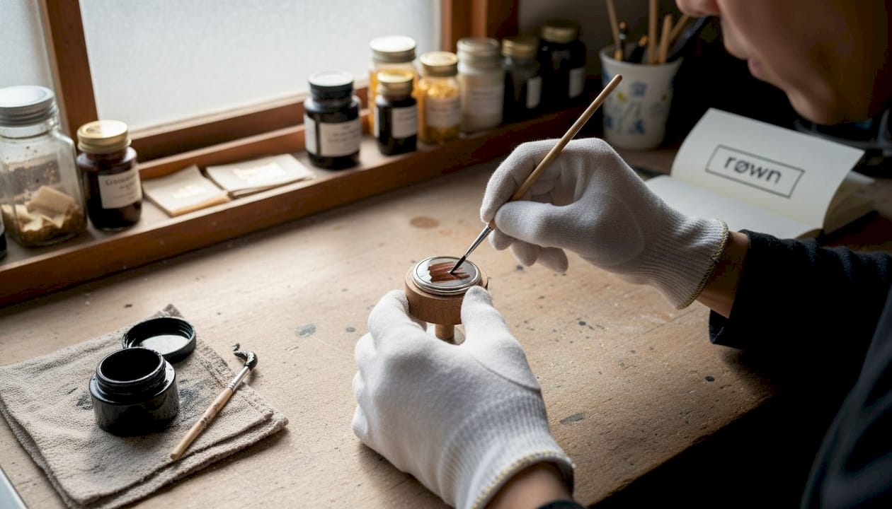 Hands applying Urushi lacquer to watch dial