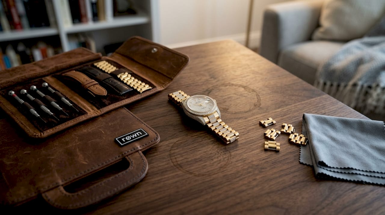 Luxury watch with diamond bezel and gold strap