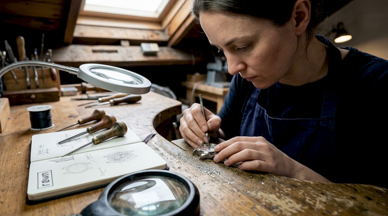 Engraver creating intricate watch case details