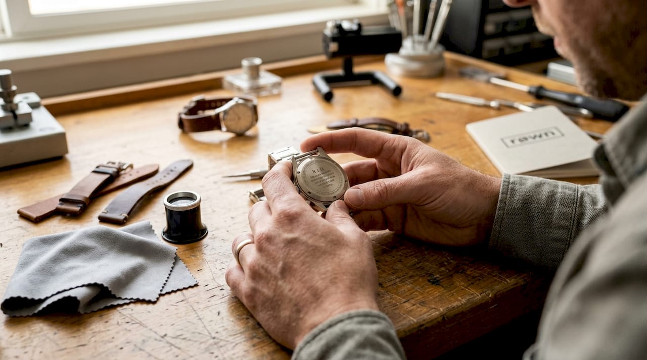 Hands inspecting engraved custom watch case