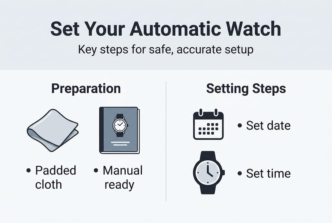 Infographic of key automatic watch setup steps