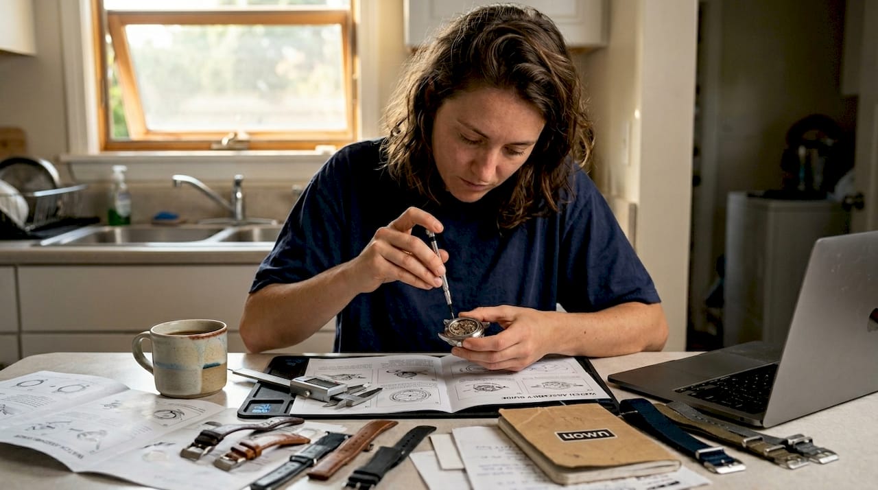 Person assembling custom wristwatch at kitchen table