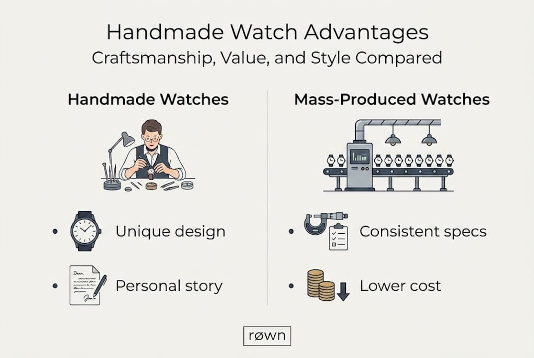 Infographic comparing handmade and mass-produced watches