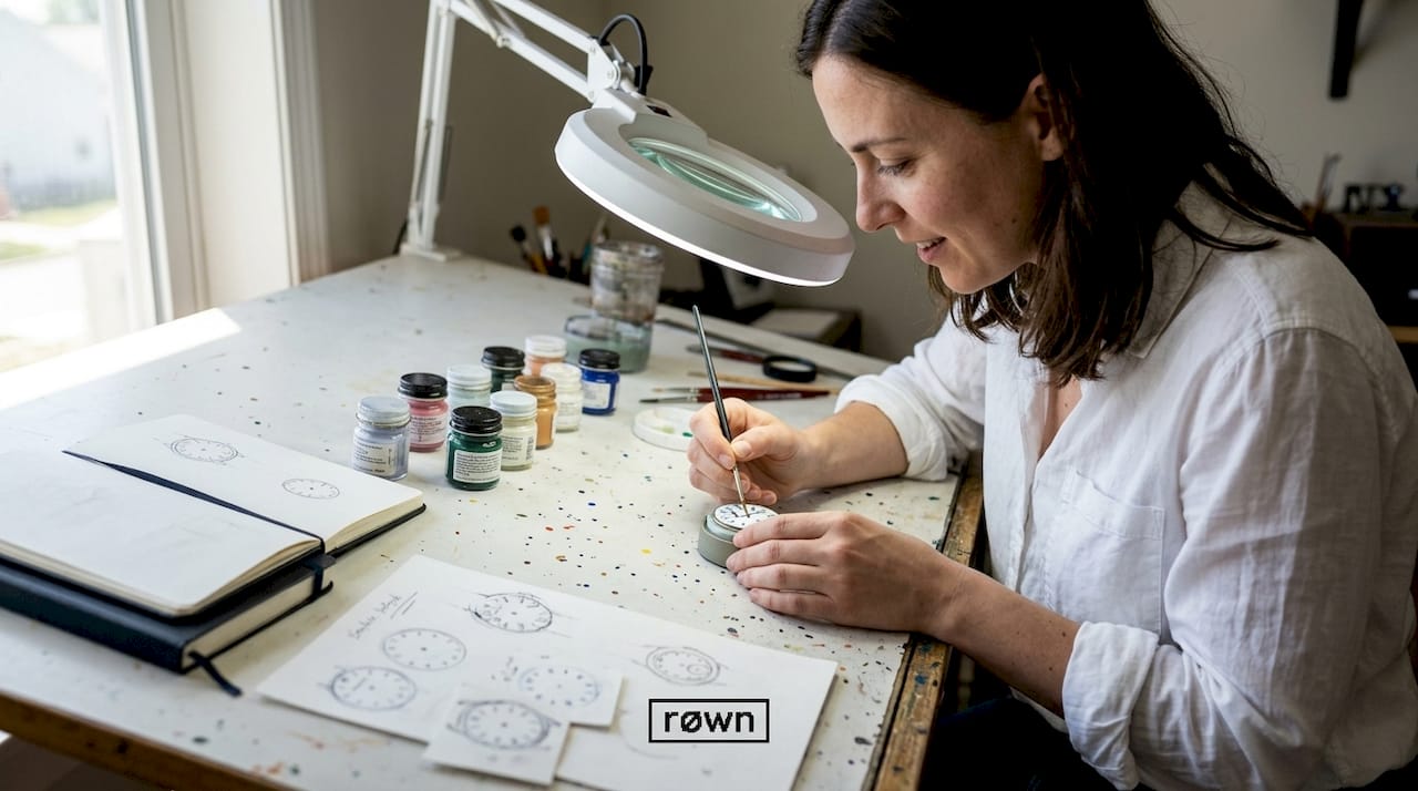 Artisan painting a watch dial at home workshop