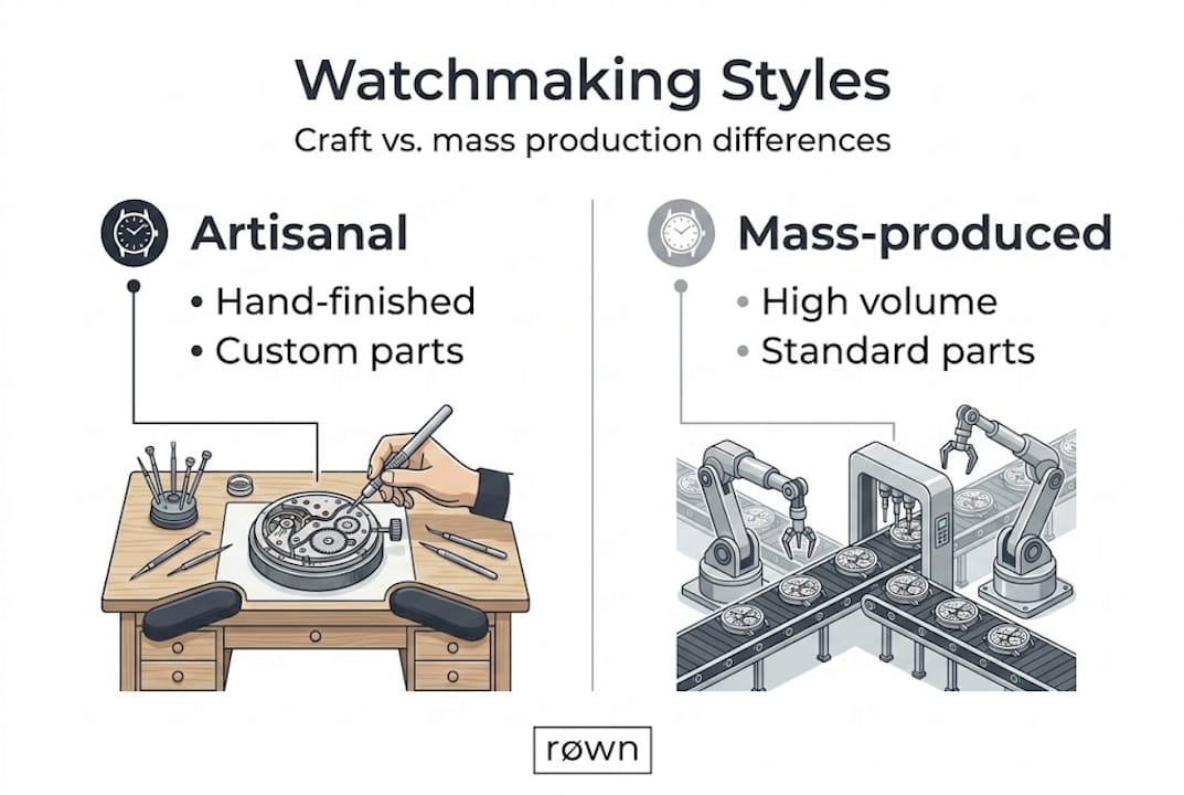 Infographic contrasting artisanal with mass-produced watches
