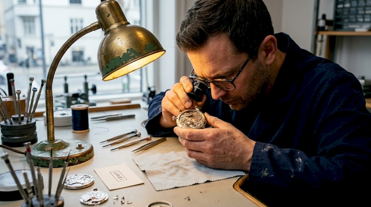 Watchmaker inspecting automatic luxury watch