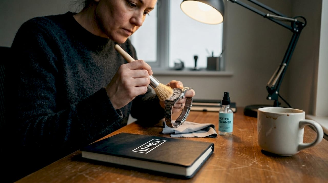 Woman cleaning luxury watch at desk