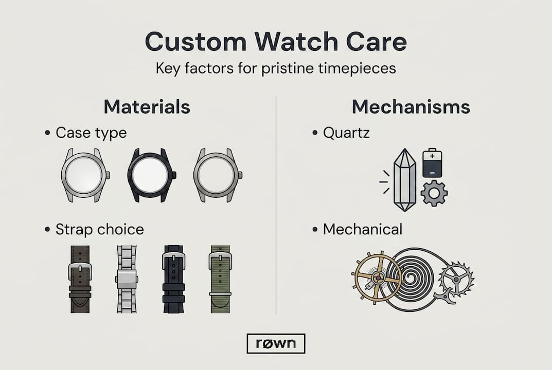 Infographic with materials and mechanisms for watch care