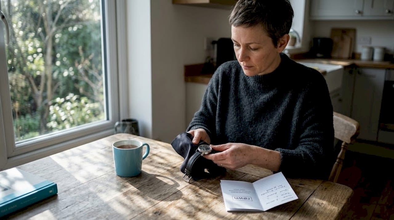 Woman cleaning NH35 watch at kitchen table