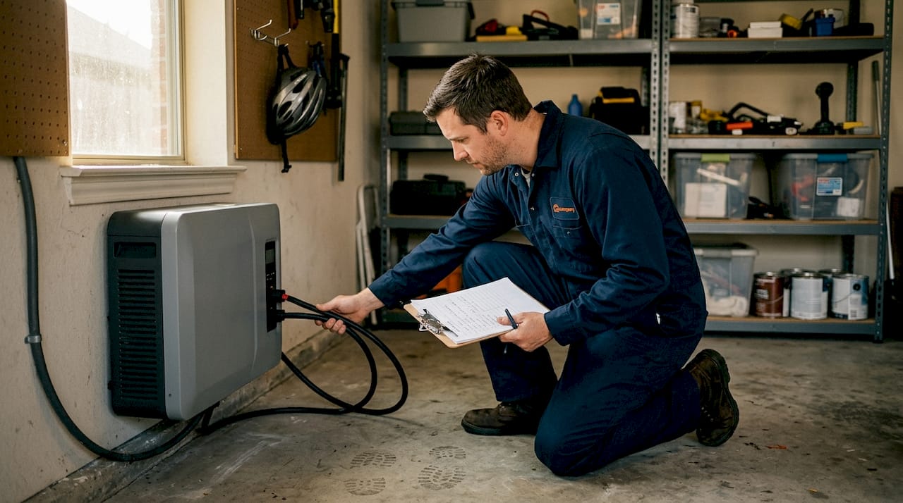 Technician works on garage battery backup unit