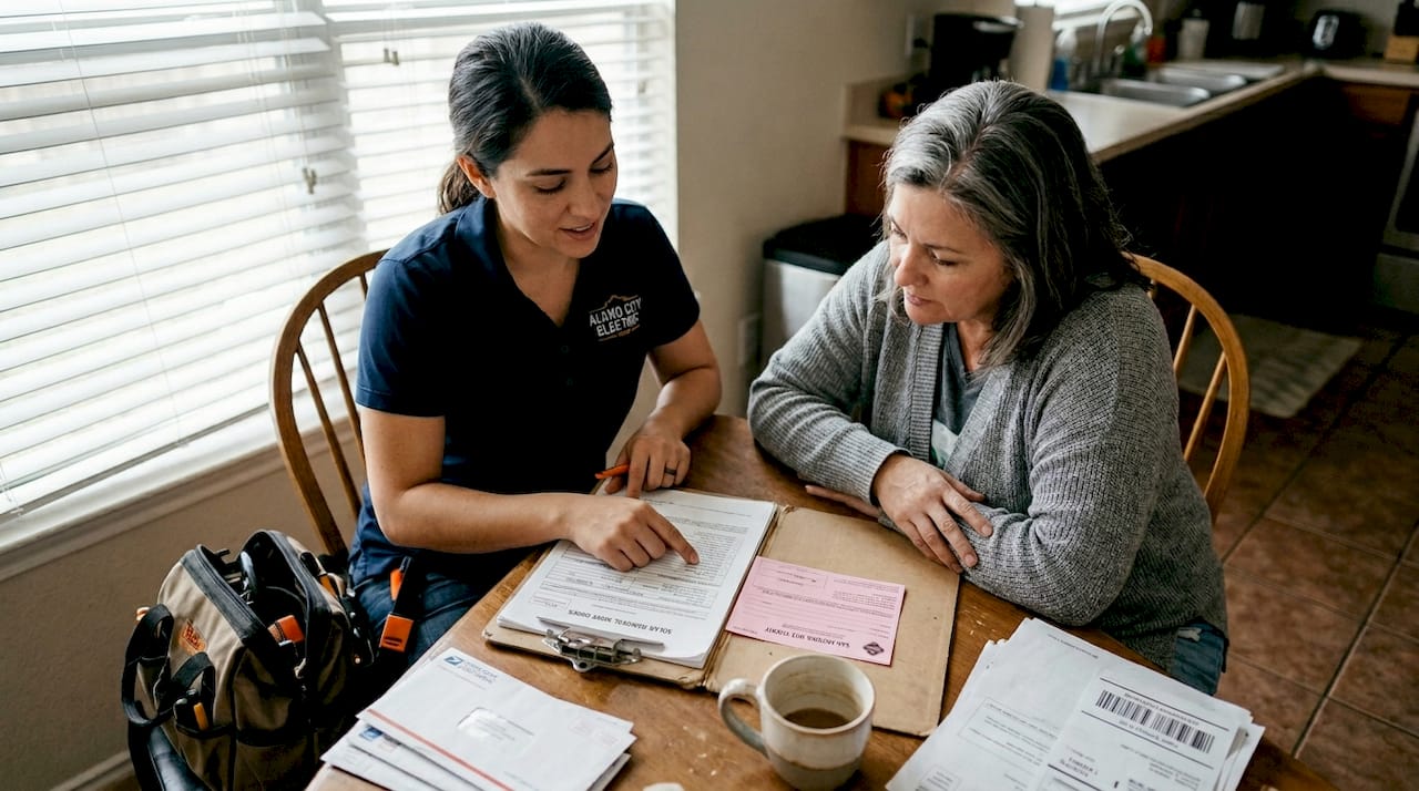 Electrician consulting homeowner on solar removal