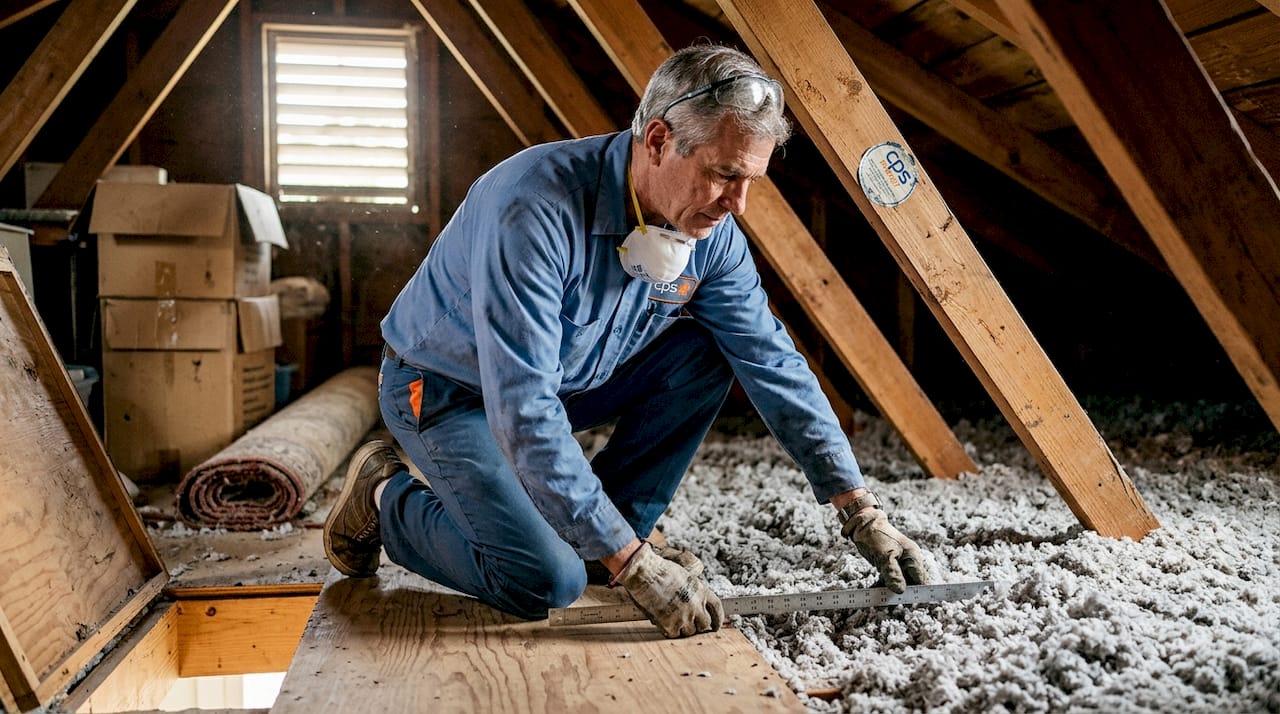 Technician measuring attic insulation for efficiency