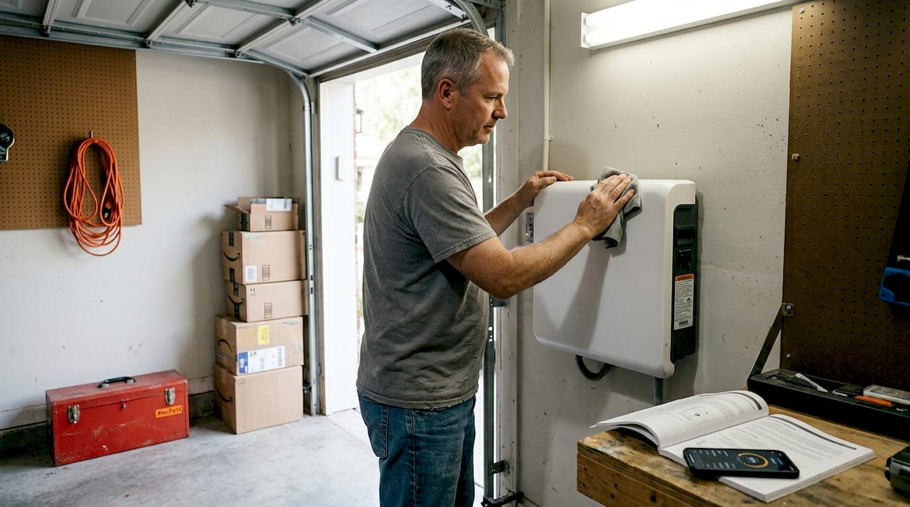 Homeowner maintains solar battery unit in garage