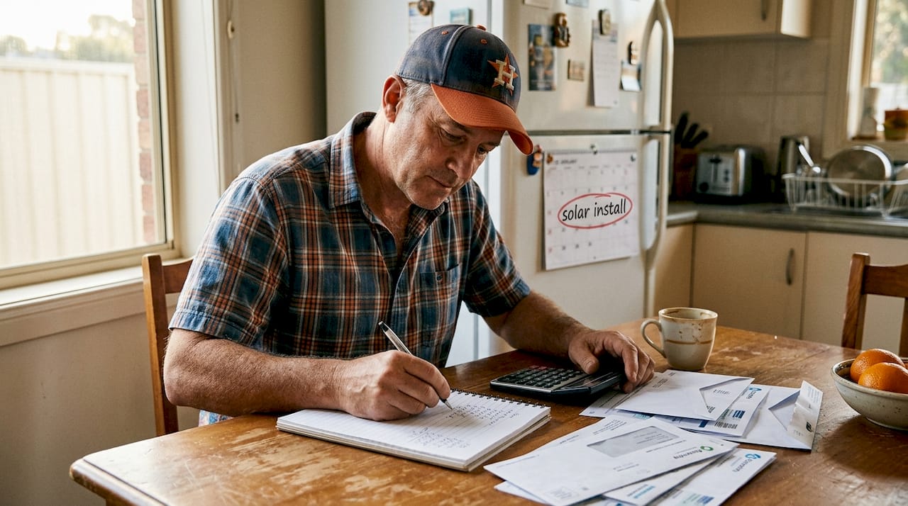 Man calculates solar savings at cluttered table