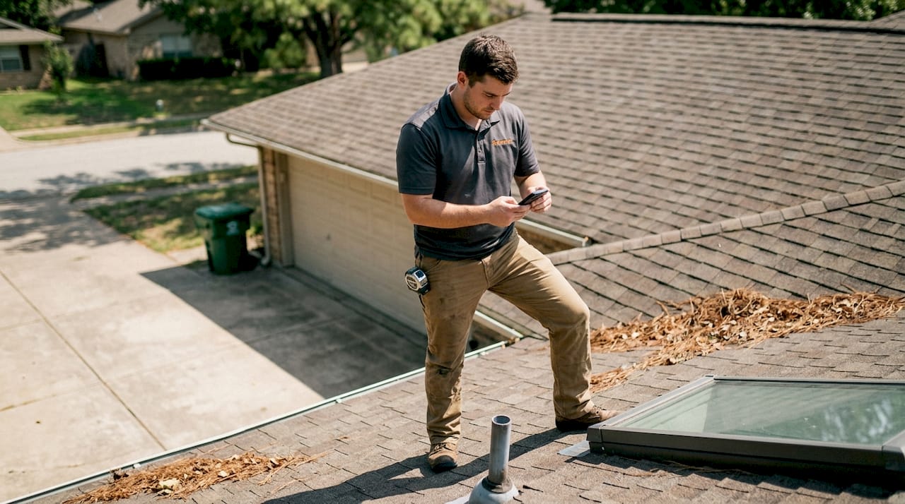 Technician inspecting residential roof for solar fit