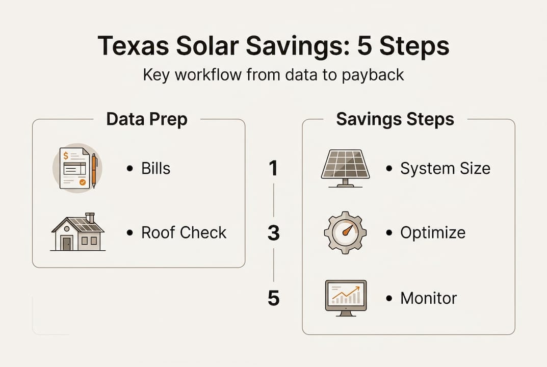 Infographic showing Texas solar savings workflow steps