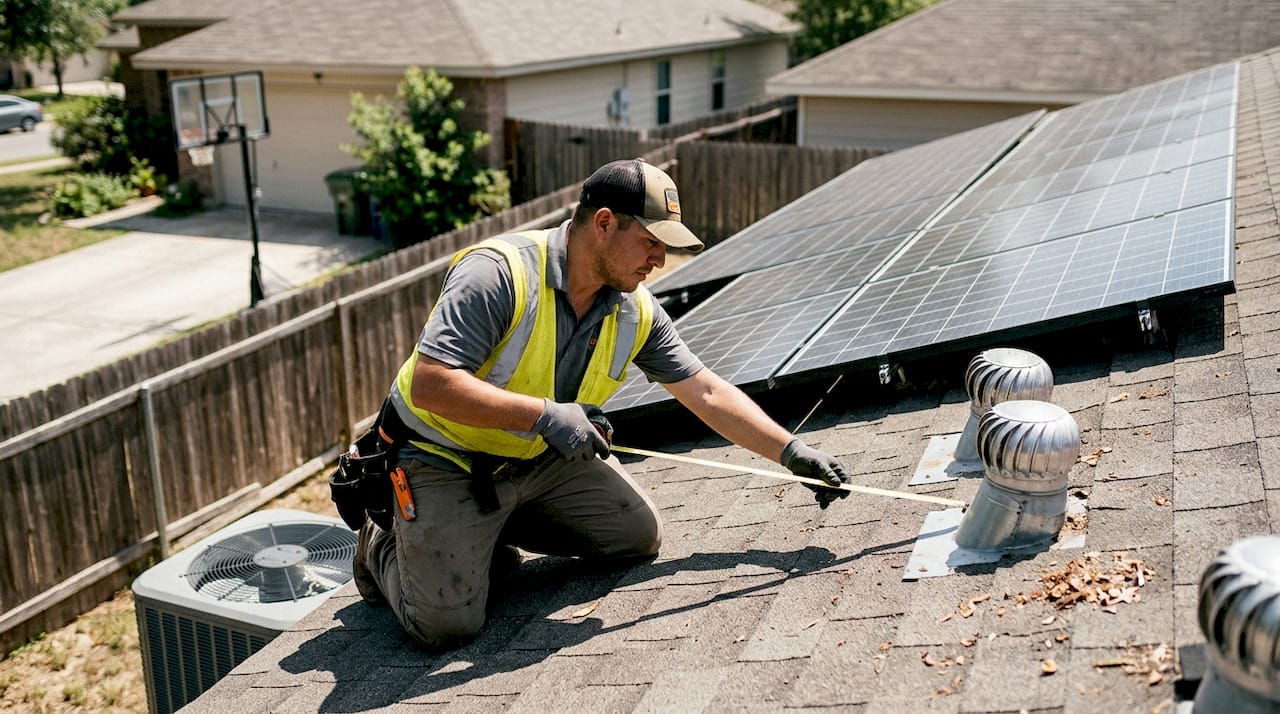 Technician measuring roof space by solar panels