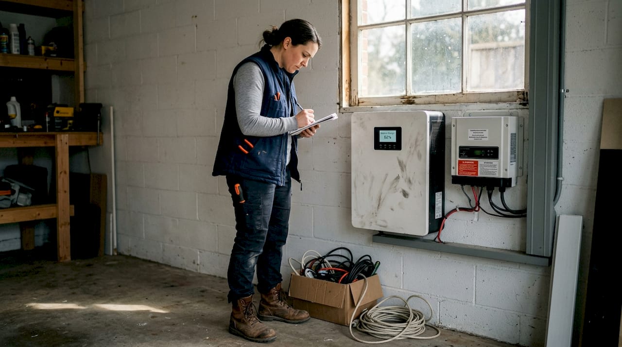 Electrician checking home battery and inverter