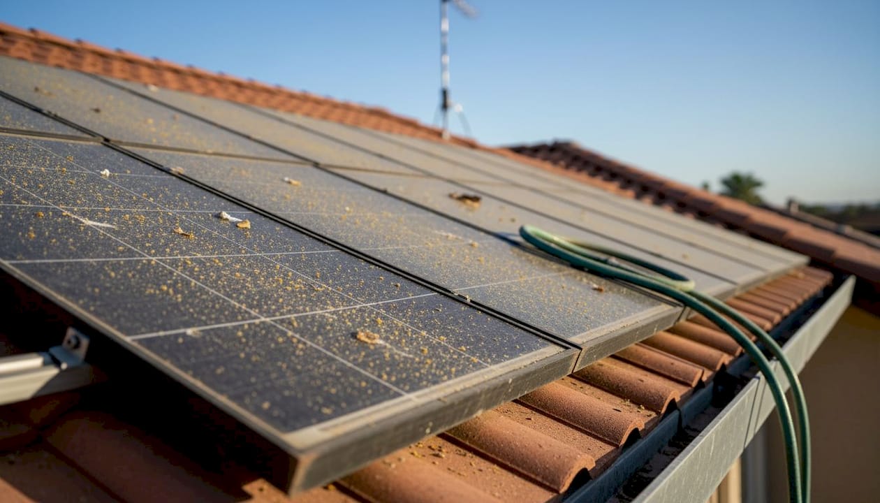 Close-up of pollen and bird droppings on solar panels