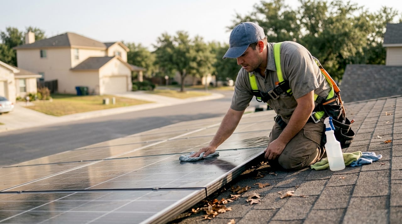 Technician cleaning residential solar panels