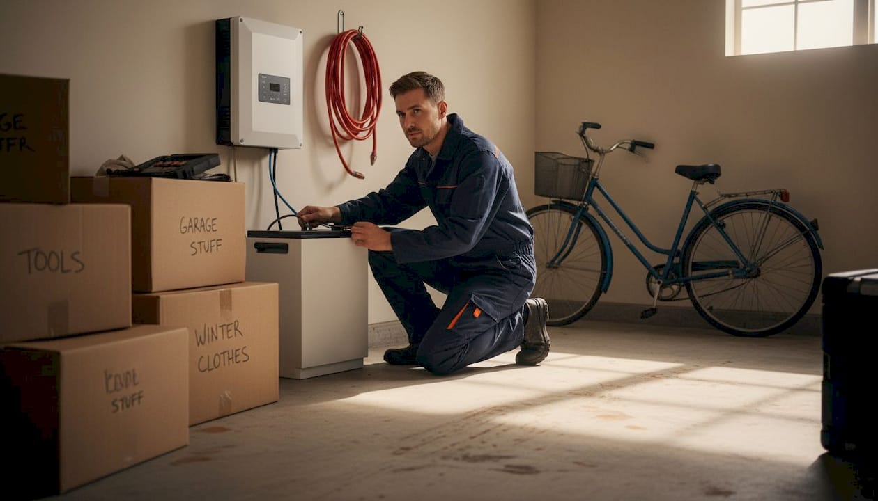 Electrician installing hybrid solar battery system