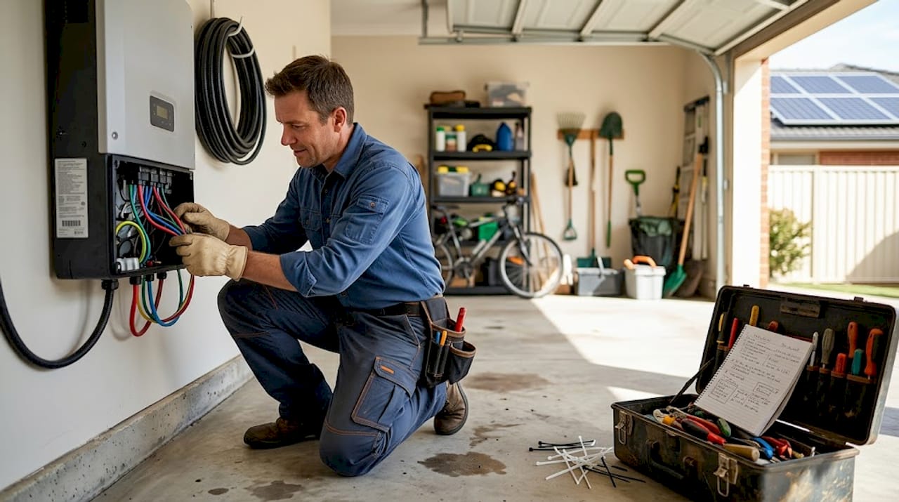 Electrician inspecting solar array wiring garage
