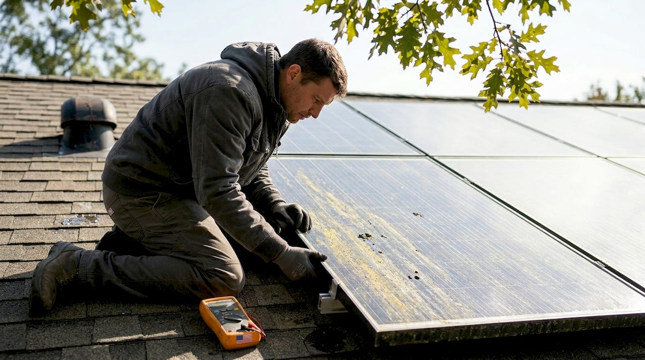 Dirty solar panels with pollen and droppings